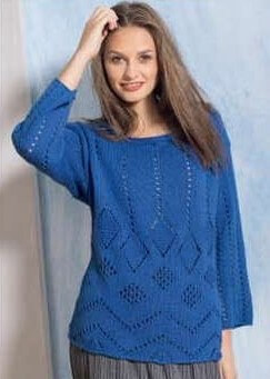 пуловер синий ажурный спицами