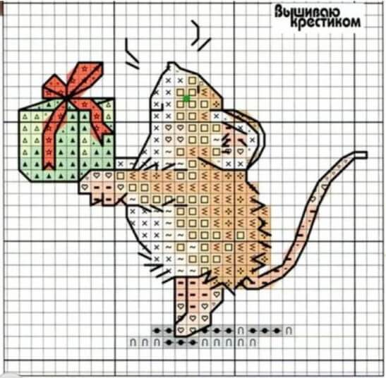 Схема вышивки крестом "Мышь с подарком"