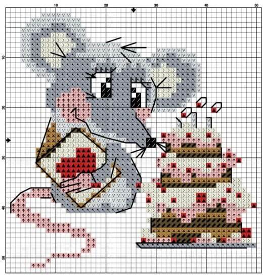 Схема вышивки крестом - мышь с тортом