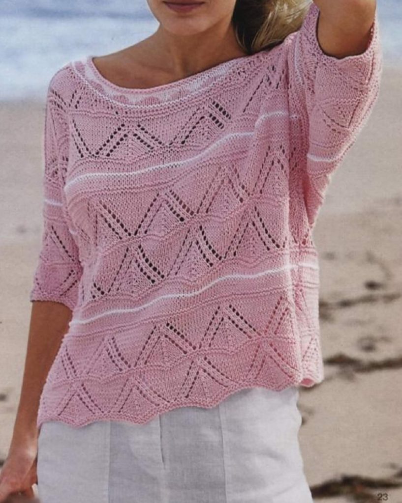 Летний розовый пуловер спицами